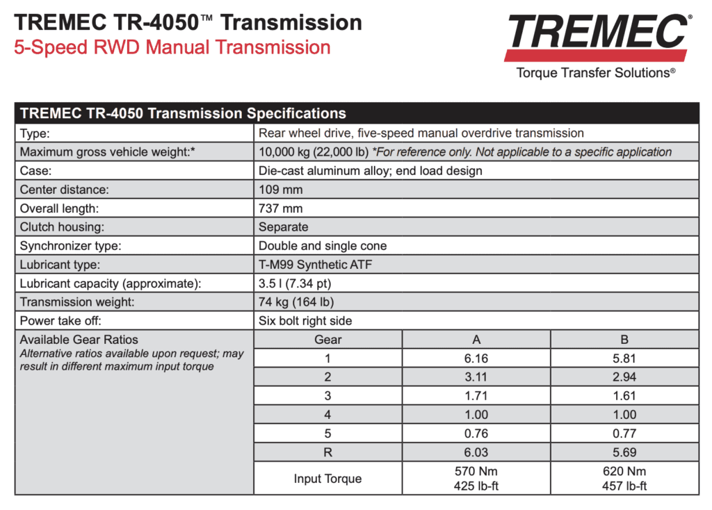 TREMEC 4050 Specifications 